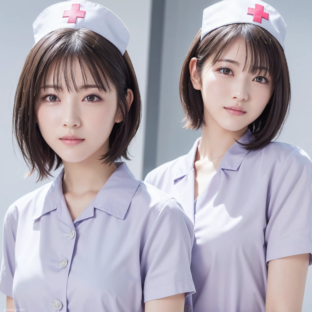 1. Pure Woman,(Wearing white nurse clothes:1.2),(RAW Photos, Highest quality), (Realistic, photo-Realistic:1.4), masterpiece, A very delicate and beautiful 25-year-old woman, Very detailed, Great Skin, Detailed face, Cool smile、Clean look、 Sparkling eyes, double eyelid, Ample breasts、High resolution, Soft Light, Beautiful detailed girl, Very detailed eyes and face, Beautiful and sophisticated nose, nurse, Perfect Anatomy, Black Hair, Upstyle, nurse uniform, ((nurse cap)), hospital, clear, White Uniform, hospital room, ((High resolution)),  short hair, bangs,Face Focus、
