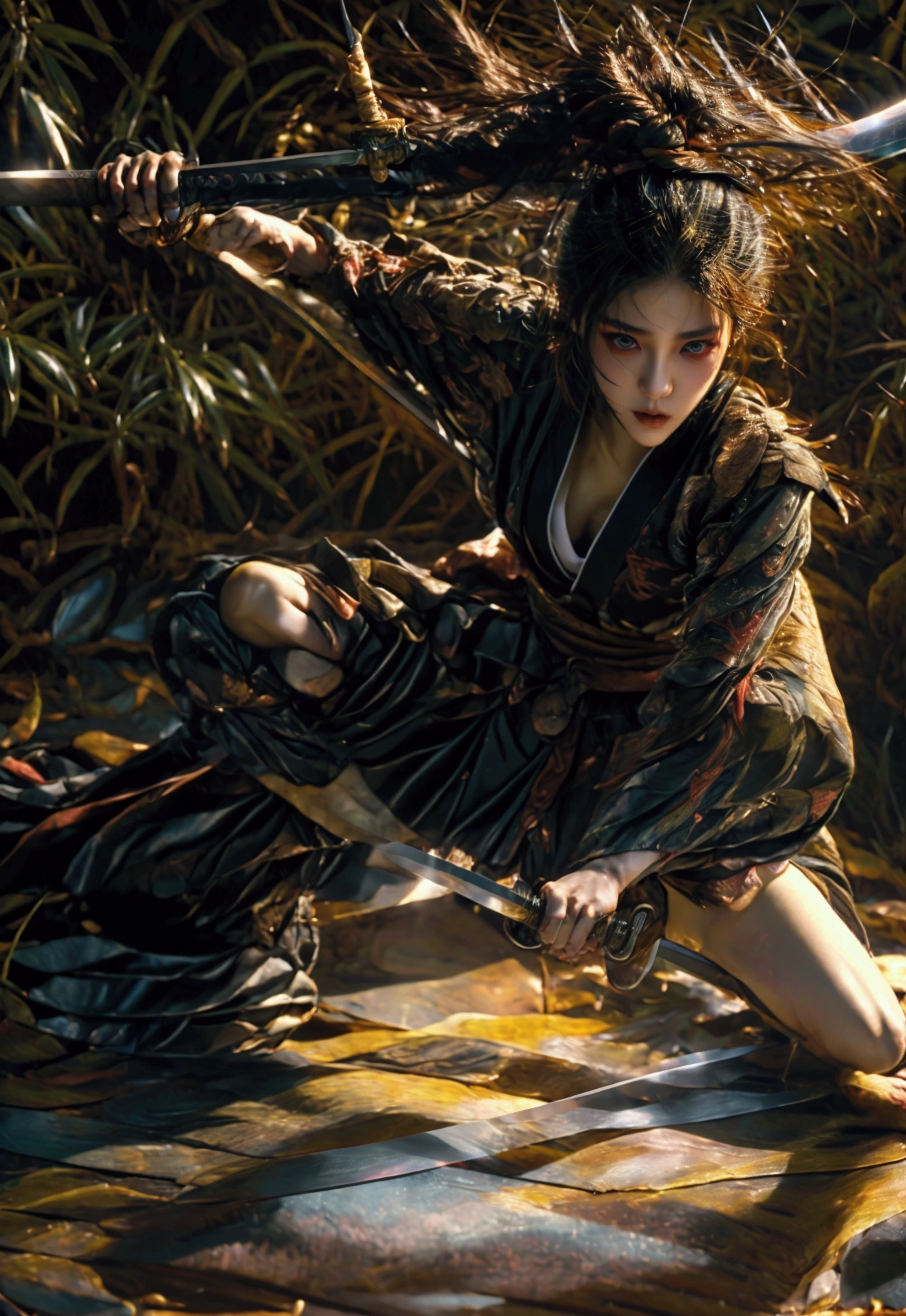 (Japanese sword &reference;Muramasa 2&reference;.2)Beautiful 27 year old woman、Japanese women、Tie your hair back、Hair ornament artist、Warrior、Clear Eyes、{Arm tattoo(SakuraFubuki}’Warrior、(Japanese swordを両手で構える、1.3)(Japanese sword1.2)Intermediate position、whole body、A single long-bladed sword、Realistic battle scenes、敵Warriorの返りBlood、Blood、High resolution、Highest quality、Very detailed、8k、background、The castle is burning、Sparks fly、