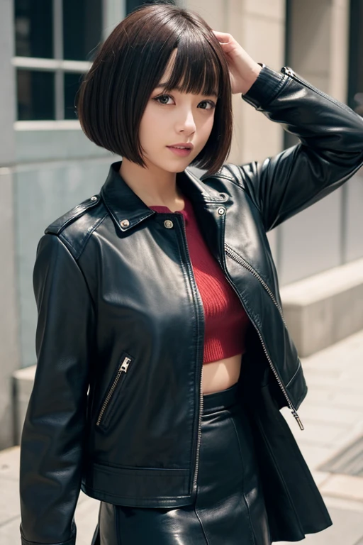 leather jacket、Leather skirt、Leather Fashion、Bob cut short hair、
