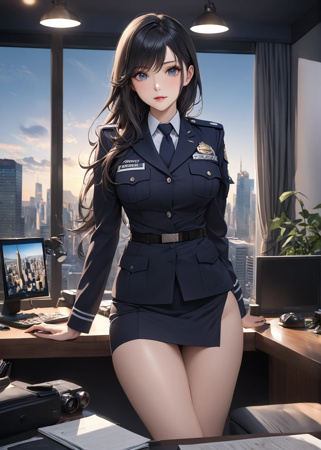 Highest quality、masterpiece、8k、Realistic、超High resolution、Very delicate and beautiful、High resolution、Cinema Lighting、medium range shooting、Perfect female body、Beautiful woman、Mature Woman、Beautiful Eyes、Cityscape、(Long Hair:1.8、Black Hair)、((female officer:1.4、紺色のfemale officer、female officerの制帽、Uniform Buttons、Navy blue tie、Jacket、White gloves))、Pencil Skirt、Stiletto heel pumps、badge、Epaulettes、Are thin、Flat chest、Butt、Flip up the skirt、Showing panties、