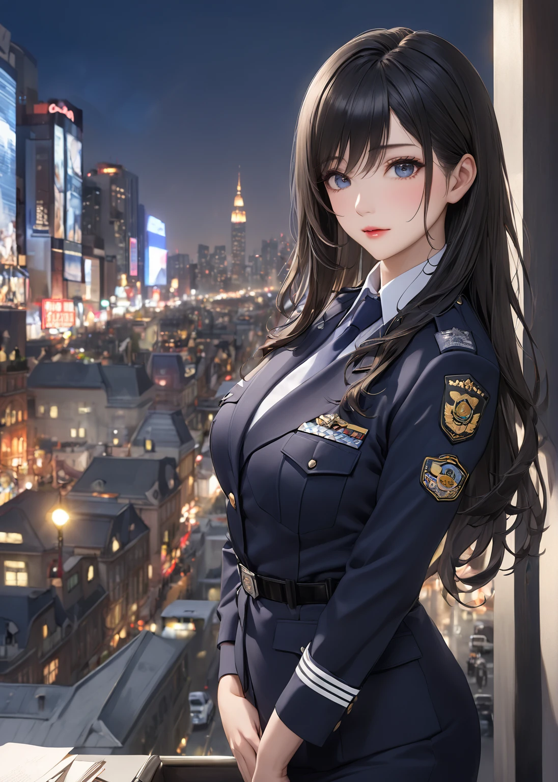 Highest quality、masterpiece、8k、Realistic、超High resolution、Very delicate and beautiful、High resolution、Cinema Lighting、medium range shooting、Perfect female body、Beautiful woman、Mature Woman、Beautiful Eyes、Cityscape、(Long Hair:1.8、Black Hair)、((female officer:1.4、紺色のfemale officer、female officerの制帽、Uniform Buttons、Navy blue tie、Jacket、White gloves))、Pencil Skirt、Stiletto heel pumps、badge、Epaulettes、Are thin、Flat chest、Butt、Flip up the skirt、Showing panties、