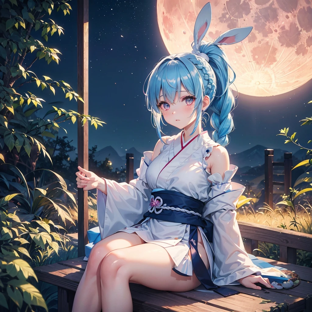 Sky blue hair, (Braided Ponytail:1.2), Pink eyes,Fair skin ,(whole body),(One Girl),Tsukimi,(White sweet dumplings ),White round dumplings,Japanese pampas grass,(beautiful, Full moon shining in the night sky),(masterpiece, Highest quality, Very detailed, Best Shadow), (Detailed Background), (Beautifully detailed face), High Contrast, (Best lighting, Very delicate and beautiful), ((Cinematic Light)), colorful, Hyper Detail,8k, Dramatic Light, Intricate details,Sit and eat dumplings while watching the moon,(Shadow of a rabbit on the moon),mysterious