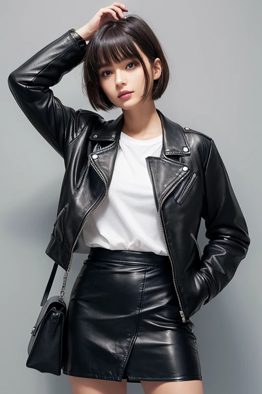 leather jacket、Leather skirt、Leather Fashion、Bob cut short hair、