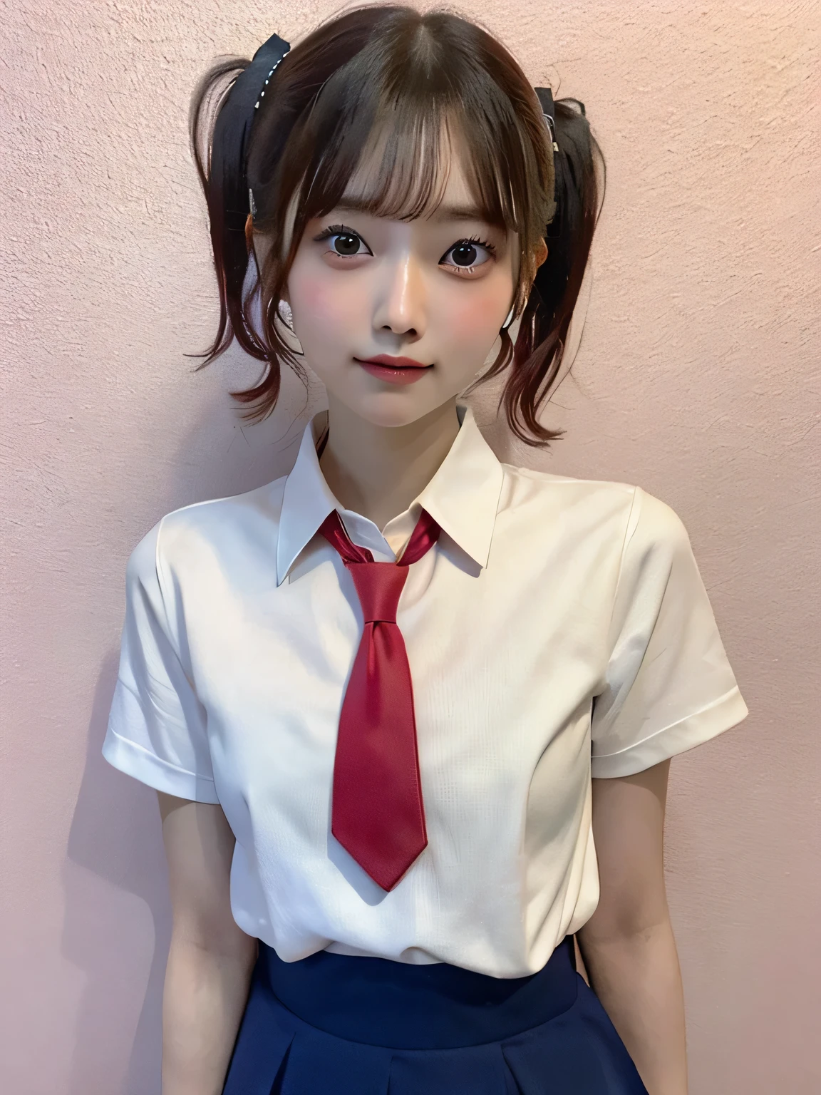 (Highest quality、8k、32K、masterpiece、Hmph:1.2)、Pink Wall、sexy、20-year-old、Cute Japan woman photo、Twin tails、thin、slender、(Bobcut)、(Small breasts)、double eyelid、Red open front shirt、Navy blue tie、Red mini skirt、Thighs、Blue Wall、whole body、smile、sexy、Thighsが見える
