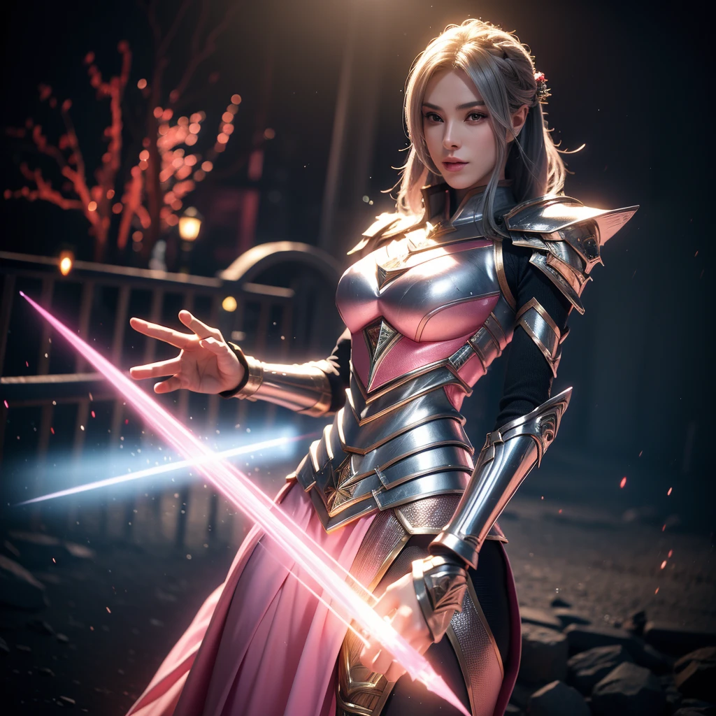detailed female valkyrie knight, 1 woman, fuchsia skin, sharp silver armor, holding two swords, low poly style, inspired by senior character artist, trending on cg society, fantasy art, hyperdetailed fantasy character, slick pink armor, fuchsia skin beneath the armor, new character, female lead character, unreal engine character art, best quality,4k,8k,highres,masterpiece:1.2,ultra-detailed,realistic,photorealistic,photo-realistic:1.37,HDR,UHD,studio lighting,ultra-fine painting,sharp focus,physically-based rendering,extreme detail description,professional,vivid colors,bokeh