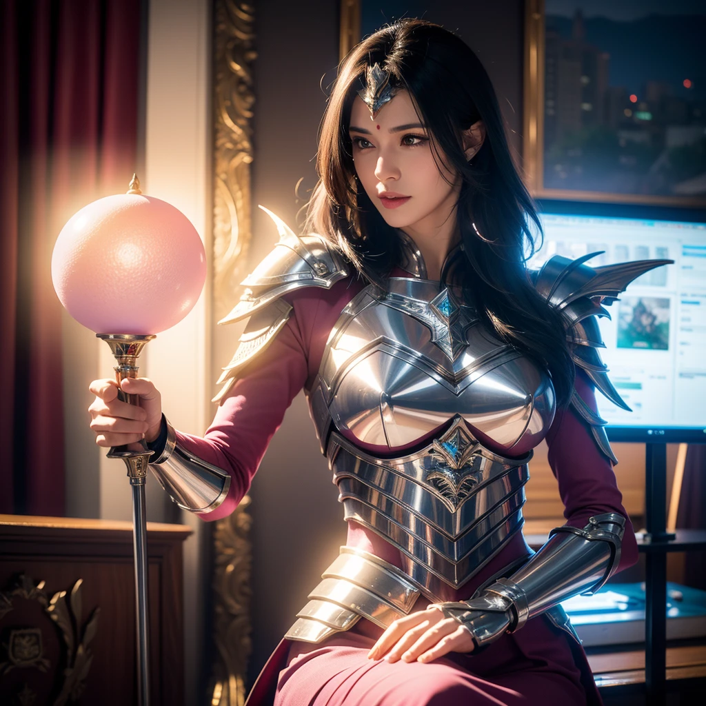 detailed female valkyrie knight, 1 woman, fuchsia skin, sharp silver armor, holding two swords, low poly style, inspired by senior character artist, trending on cg society, fantasy art, hyperdetailed fantasy character, slick pink armor, fuchsia skin beneath the armor, new character, female lead character, unreal engine character art, best quality,4k,8k,highres,masterpiece:1.2,ultra-detailed,realistic,photorealistic,photo-realistic:1.37,HDR,UHD,studio lighting,ultra-fine painting,sharp focus,physically-based rendering,extreme detail description,professional,vivid colors,bokeh