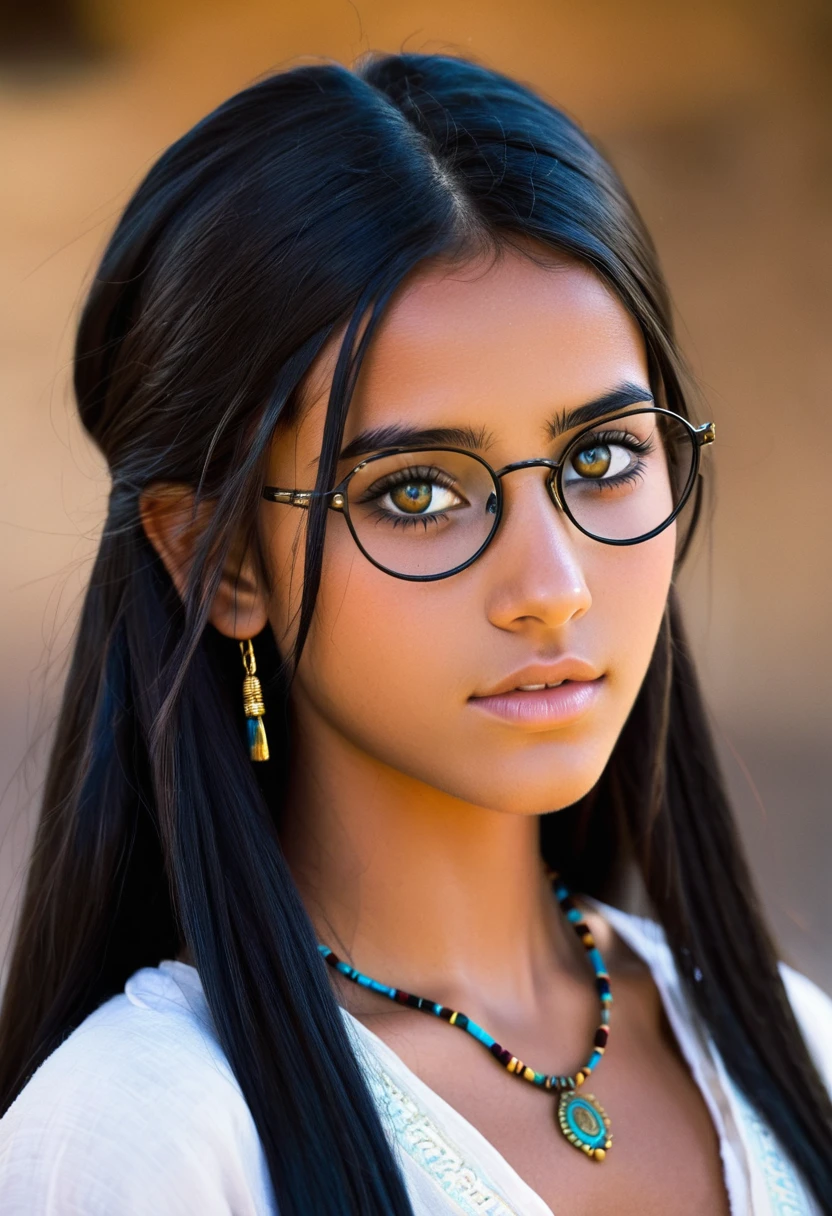 I want you to create a delicate and beautiful character.  She is a 18-year-old young woman with characteristics typical of Pocahondas.   Her long, straight black hair frames a face with the tanned skin common among her people.  Her hazel eyes contrast with her skin color, creating a piercing and expressive look.   She wears traditional clothing from Egypt
