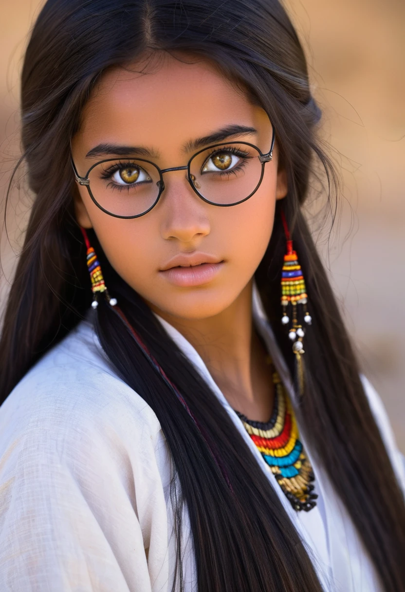 I want you to create a delicate and beautiful character. She is a 18-year-old young woman with characteristics typical of Pocahondas. Her long, straight black hair frames a face with the tanned skin common among her people. Her hazel eyes contrast with her skin color, creating a piercing and expressive look. She wears traditional clothing from Egypt