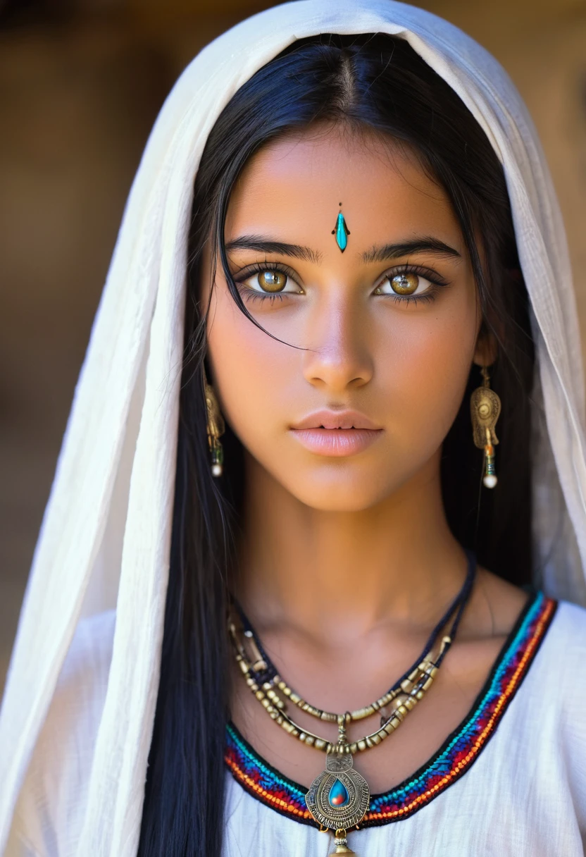 I want you to create a delicate and beautiful character.  She is a 18-year-old young woman with characteristics typical of Pocahondas.   Her long, straight black hair frames a face with the tanned skin common among her people.  Her hazel eyes contrast with her skin color, creating a piercing and expressive look.   She wears traditional clothing from Egypt