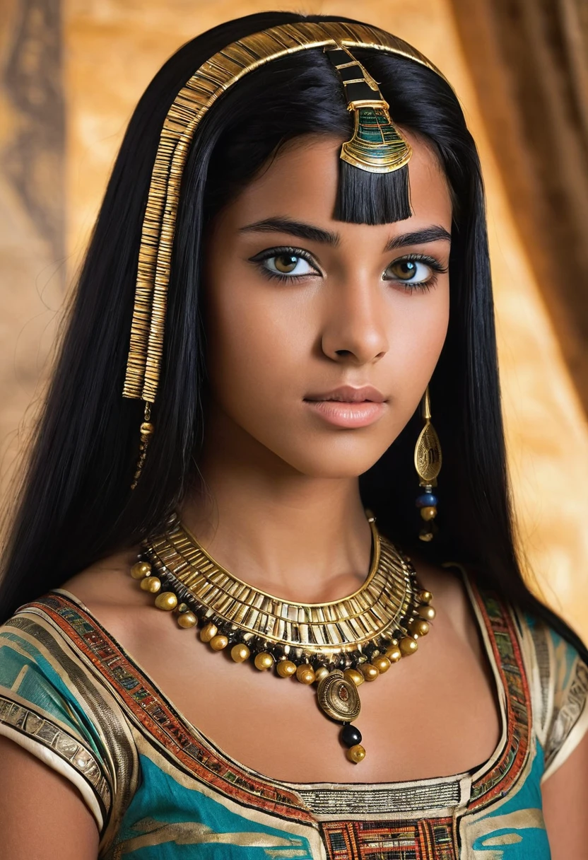 I want you to create a delicate and beautiful character. She is a 18-year-old young woman with characteristics typical of Cleopatra. Her long, straight black hair frames a face with the tanned skin common among her people. Her hazel eyes contrast with her skin color, creating a piercing and expressive look. She wears traditional clothing.