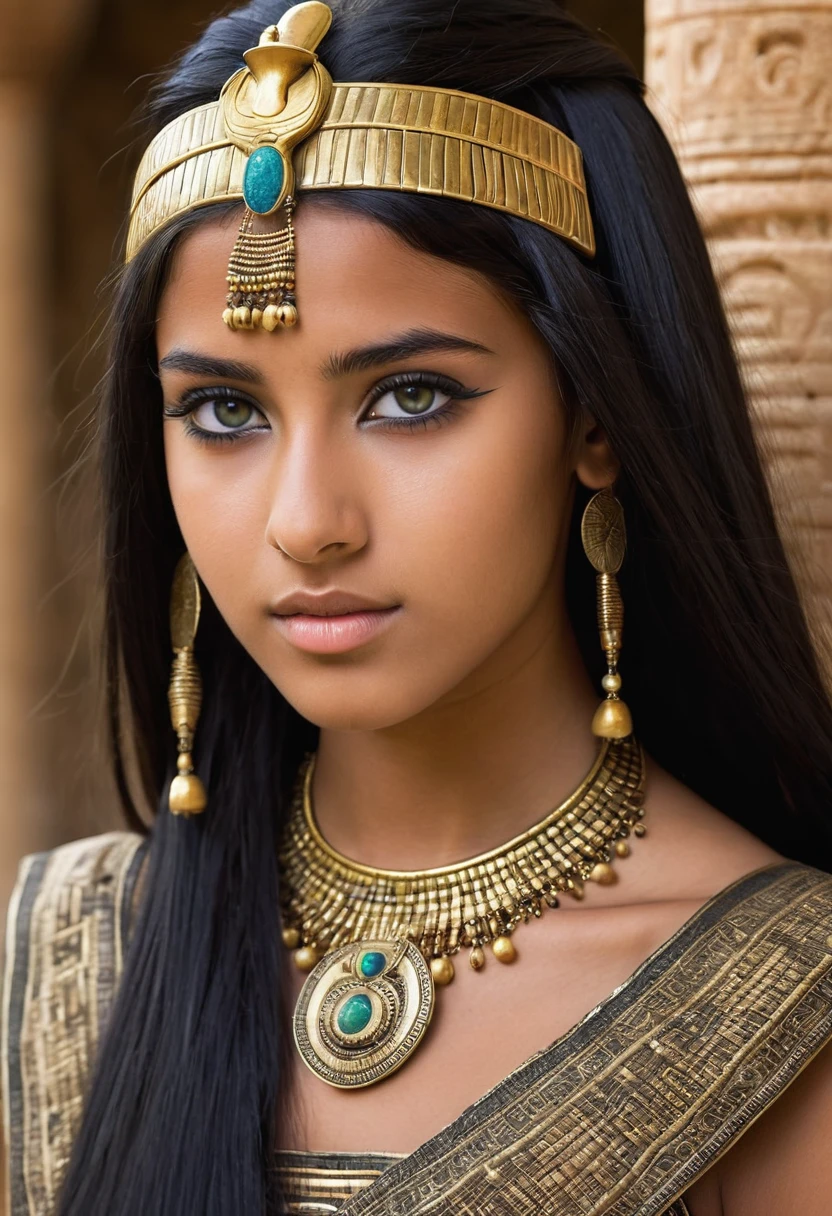 I want you to create a delicate and beautiful character.  She is a 18-year-old young woman with characteristics typical of Cleopatra.   Her long, straight black hair frames a face with the tanned skin common among her people.  Her hazel eyes contrast with her skin color, creating a piercing and expressive look.   She wears traditional clothing.