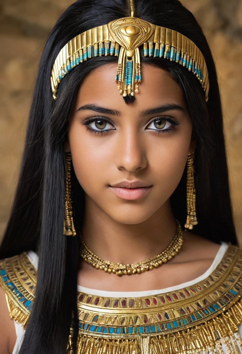 I want you to create a delicate and beautiful character.  She is a 18-year-old young woman with characteristics typical of Cleopatra.   Her long, straight black hair frames a face with the tanned skin common among her people.  Her hazel eyes contrast with her skin color, creating a piercing and expressive look.   She wears traditional clothing.