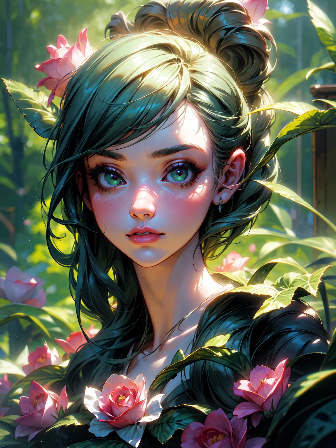a young girl in a rose garden, elegant atmosphere, extremely detailed face and eyes, beautiful detailed lips, long eyelashes, 1 girl, detailed intricate flowers, lush green foliage, natural lighting, cinematic composition, delicate pastel colors, soft focus, high quality, masterpiece, digital art, photorealistic