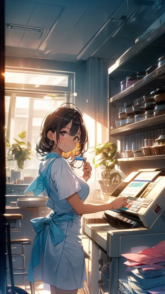 young woman,Facing forward,smile,((Standing inside the cash register)),Touching the cash register machine,Customer Service,((There is a cash register on the table)),(Scanning product barcodes at the cash register)),Supermarket clerk,Wearing an apron,((Working as a cashier)),((Cashier)),((cashier,register,)),((Receive money from customers)),There are products on the shelves,In the supermarket,Bright interior