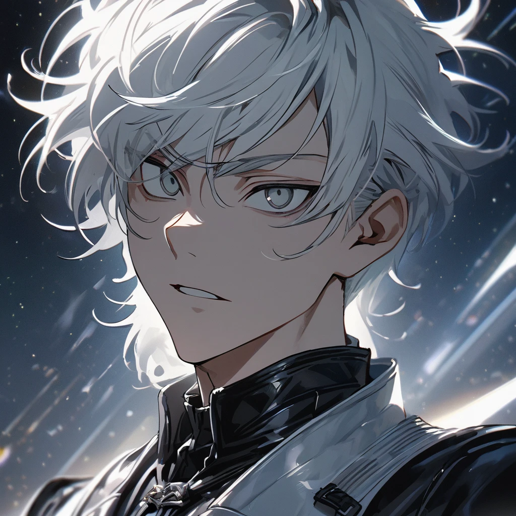 High quality, HD, 4k, no shadows, handsome male, 1male, 17 years old, teenager, short white hair, silver hair, white hair, sharp eyes, dark grey colored eyes, deep grey eyes, grey eyes, devil may cry, close up, calm expression, stoic expression, black leather clothes, white leather clothing, lean body, well trained body, upper body, looking at viewer, cowboy shot, white solar, space background