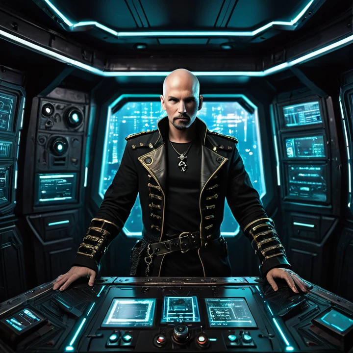 pirate chapel Cyberpunk pirate man captain Bald , dark futuristic ship interior background, control panel