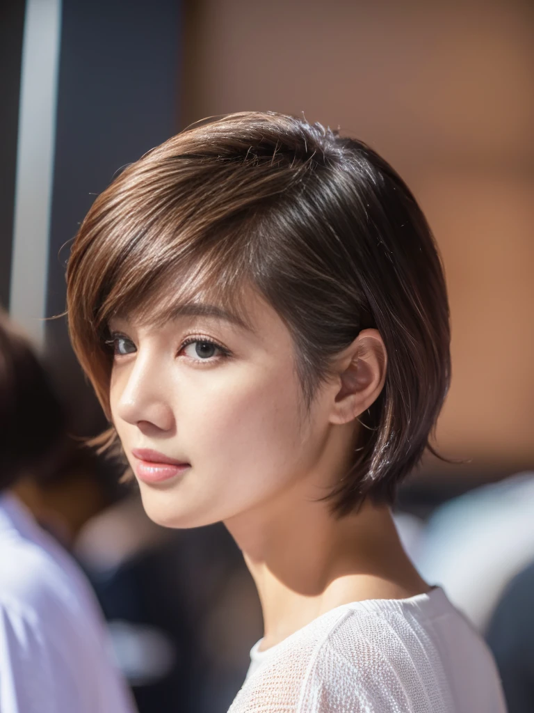((Highest quality、In 8K、masterpiece:1.3))、Sharp focus:1.2、Beautiful woman perfect body:1.4、Slim Abs:1.2、((Short Hair:1.2))、(trendy fashion in tokyo、shirt:1.1)、Background white、Wet body:1.5、Three-dimensional texture、Detailed eyes、(Brown Hair、Black Hair:1.2)、Very shiny hair、Backward view、Hair quality improvement、Handsome short、Short-haired blonde、No text、Lower text eraser