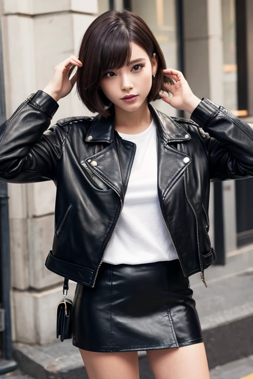 leather jacket、Leather skirt、Leather Fashion、Bob cut short hair、