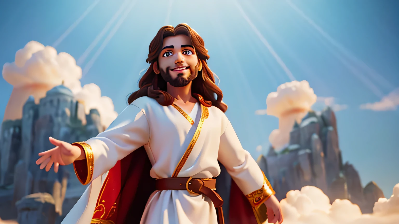 Man Jesus, dressed in white robe and red belt, smiling city of gold among the clouds, with detailed eyes, extremely detailed face, intricate robes, warm lighting, vibrant colors, photorealistic, 8k, masterpiece, cinematic composition, dramatic lighting. volumetric lighting, chiaroscuro, divine, spiritual, serene, hopeful, bright aura, 4k, ultra detail