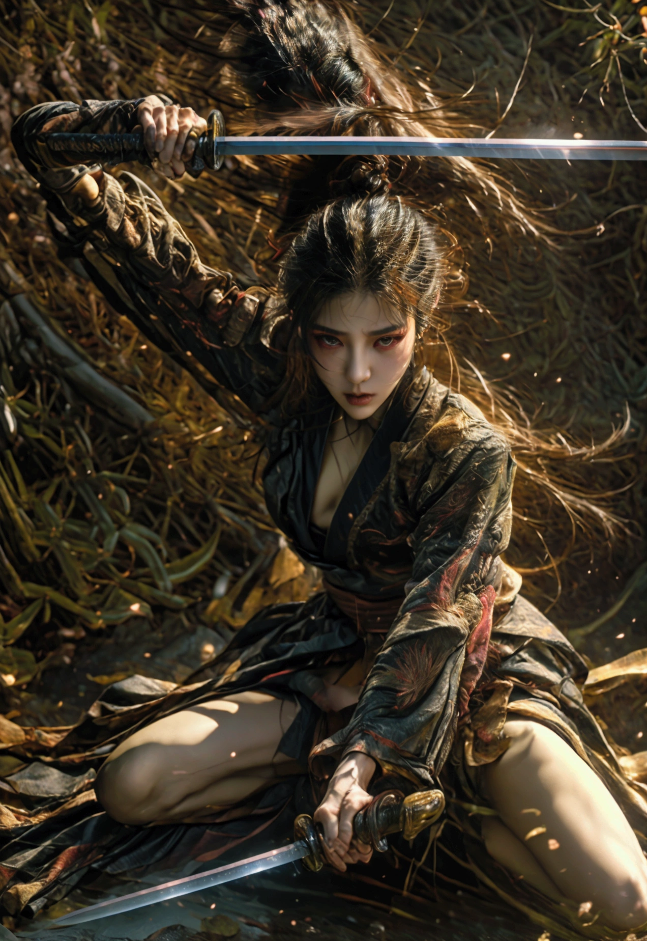 (Japanese sword &reference;Muramasa 2&reference;.2)Beautiful 27 year old woman、Japanese women、Tie your hair back、Hair ornament artist、Warrior、Clear Eyes、{Arm tattoo(SakuraFubuki}’Warrior、(Japanese swordを両手で構える、1.3)(Japanese sword1.2)Intermediate position、whole body、A single long-bladed sword、Realistic battle scenes、敵Warriorの返りBlood、Blood、High resolution、Highest quality、Very detailed、8k、background、The castle is burning、Sparks fly、