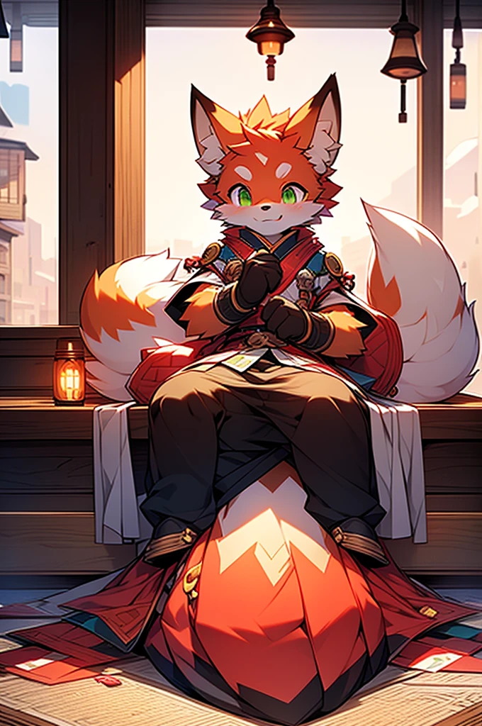 8k, Super Detail, precise, best quality,An 18-year-old fox boy sits on a mat in a teahouse,Green eyes,Flame-shaped pattern on arms,There is a fire spirit mark on the forehead,There are reddish-orange hairs, Rich plush texture, The fur is very fine, Animal anthropomorphism, Fluffy fox tail, Fox ears,Wear loose Chinese clothing, Handsome face, Looking at the audience,Boys