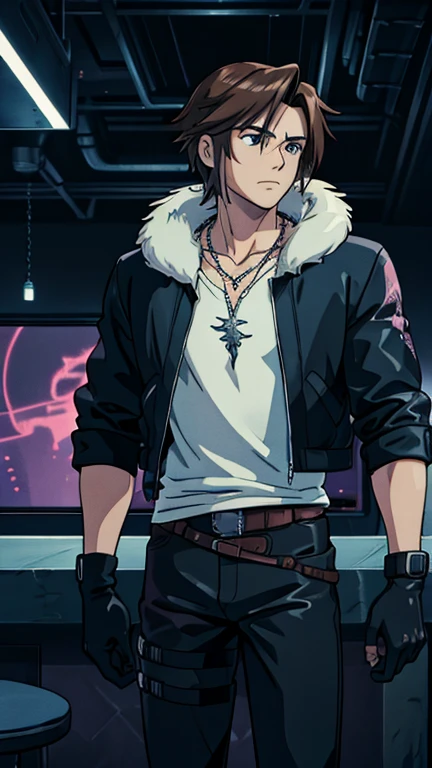 (1man, squall), (extremely detailed CG unit 8k wallpaper),(master part), (best quality), (ultra detail), (best illustration),(ghibli style), cowboy shot, (Sharp eyeliner, ombre, detailed eyes:1), dark bar interior background, ,break , (Cyber Background), upper body, scar, necklace, black jacket, fur trim, white t-shirt, black pants, black gloves,