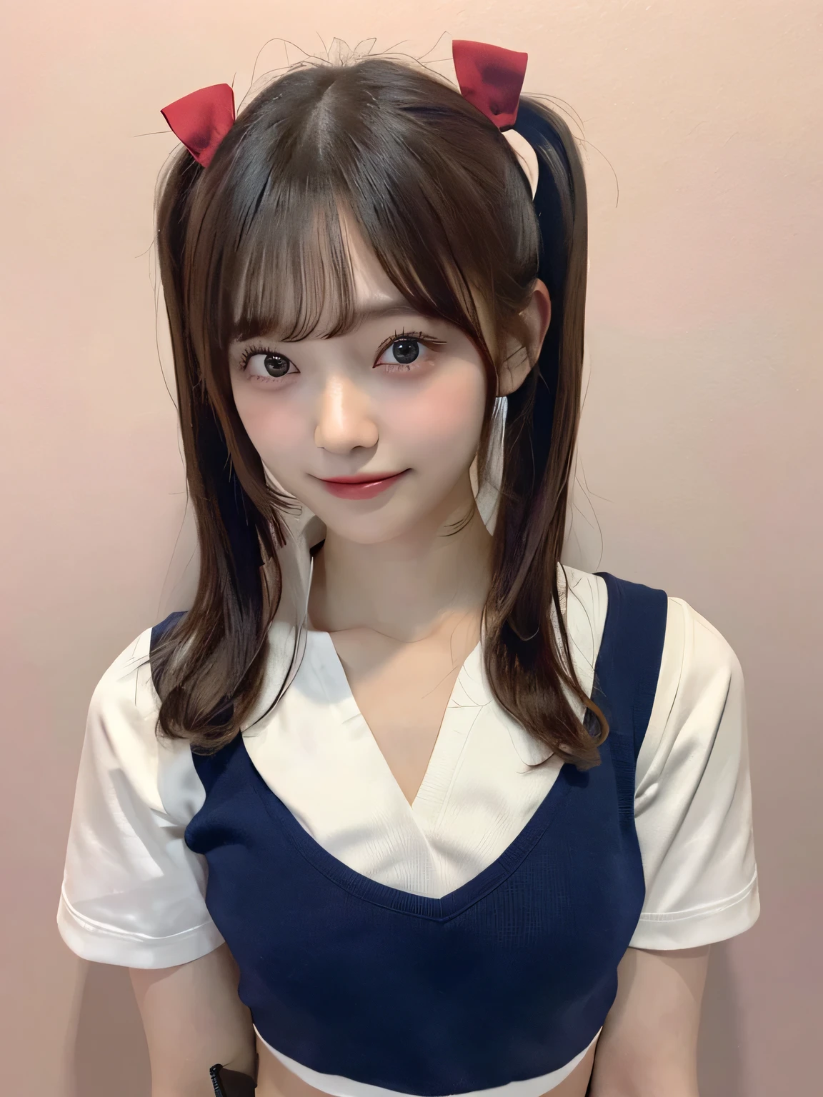(Highest quality、8k、32K、masterpiece、Hmph:1.2)、Pink Wall、sexy、20-year-old、Cute Japan woman photo、Twin tails、thin、slender、(Bobcut)、(Small breasts)、double eyelid、Red open front shirt、Navy blue tie、Red mini skirt、Thighs、Blue Wall、whole body、smile、sexy、Thighsが見える