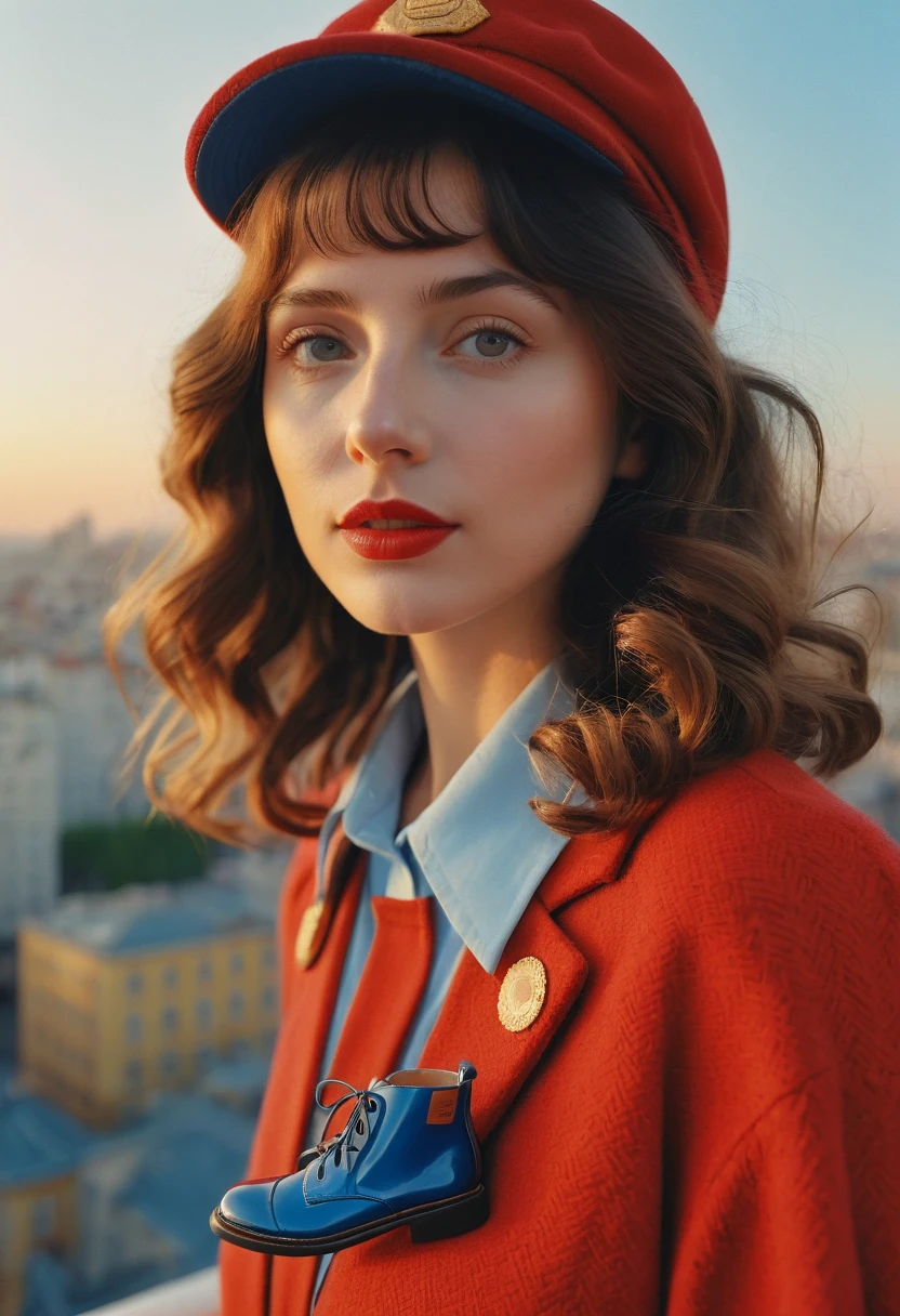 (best quality,4k,8k,highres,masterpiece:1.2),ultra-detailed,(realistic,photorealistic,photo-realistic:1.37),wes anderson style photo,35mm film,girl dressed in red with blue shoes and hat,golden light,serene faces,distinctive noses,cityscape photographer,curly hair,young. Masiela Lusha