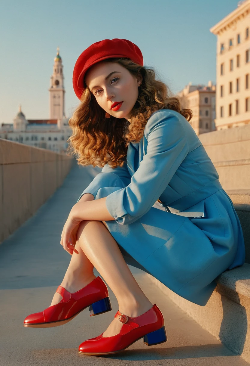 (best quality,4k,8k,highres,masterpiece:1.2),ultra-detailed,(realistic,photorealistic,photo-realistic:1.37),wes anderson style photo,35mm film,girl dressed in red with blue shoes and hat,golden light,serene faces,distinctive noses,cityscape photographer,curly hair,young. Masiela Lusha
