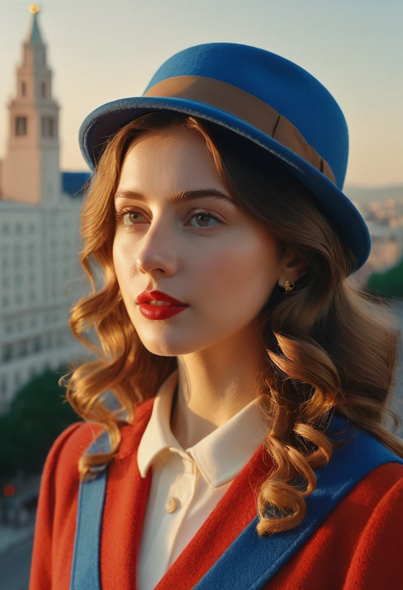 (best quality,4k,8k,highres,masterpiece:1.2),ultra-detailed,(realistic,photorealistic,photo-realistic:1.37),wes anderson style photo,35mm film,girl dressed in red with blue shoes and hat,golden light,serene faces,distinctive noses,cityscape photographer,curly hair,young. Masiela Lusha