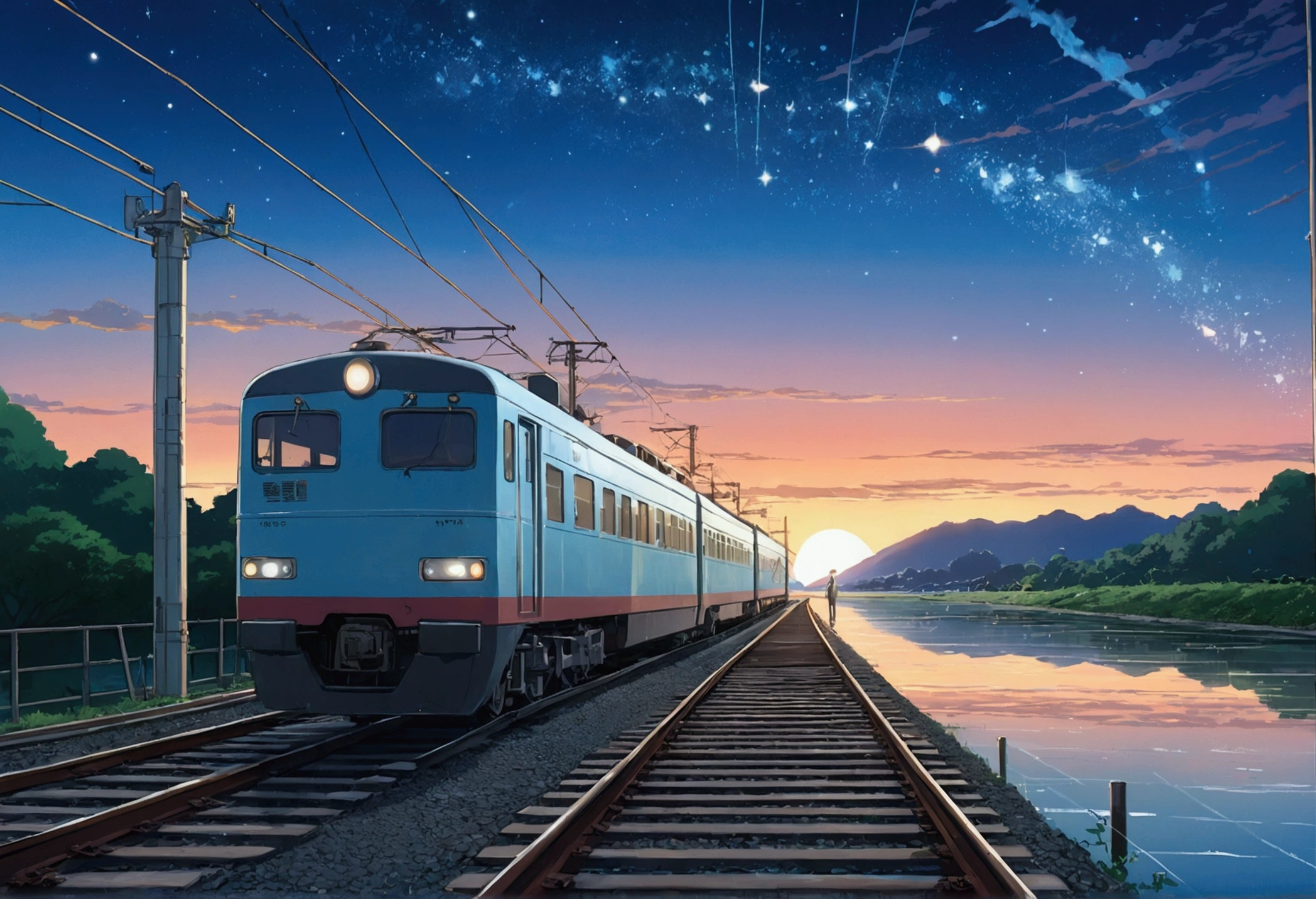 Masterpiece, Anime train passing through bodies of water on tracks, Bright starry sky. Romantic train, Makoto Shinkai's picture, Pisif, concept-art, Lofi art style, Reflection. By Makoto Shinkai, Lofi art, beautiful anime scenes, Anime landscape, Detailed scenery —width 672, in the style of makoto shinkai, Makoto Shinkai's style, Enhanced detail.
