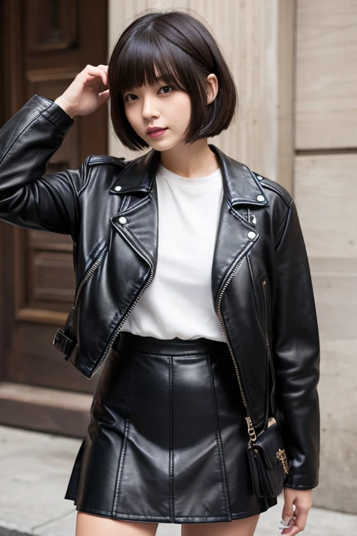 leather jacket、Leather skirt、Leather Fashion、Bob cut short hair、