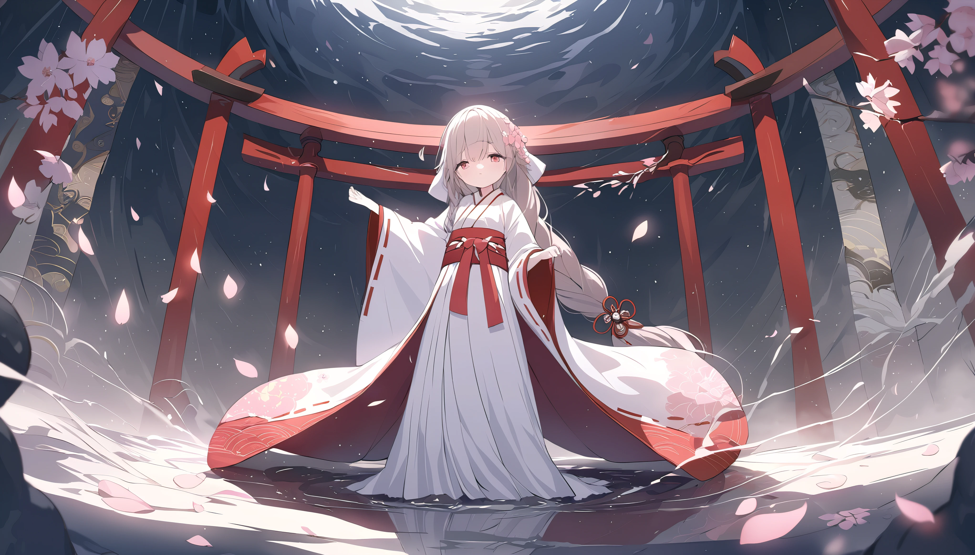(full body), (solo), (A 7-year-old girl:1.2), (very young little girl), loli, (Solo), (small breast), (wide angle), raw photo, Aesthetic, Convoluted, Awarded, chiaroscuro, Best Quality, Detailed background, (Misty atmosphere:1.2), (hard rainy day:1.1),((Girl in very long shrine maiden:1.2)), In the throes of a tempestuous night, the rain falls in torrents, painting the world in shades of silver and darkness. Amidst the deluge, a young girl appears, a figure of enchantment, her silhouette a stark contrast to the storm's fury. She is adorned in a Japanese shrine maiden costume, a miko-zukuri, that is an opulent display of elegance and tradition.
The miko-zukuri is a vision of grandeur, with the haori, an outer garment, extending its hem to the ground, flowing like a river of pristine white silk. The fabric is of the highest quality, its texture smooth and supple, caressing the contours of her form as she moves with the grace of a willow in the wind. The haori is embroidered with delicate motifs of cherry blossoms and chrysanthemums, symbols of spring and autumn, respectively, their petals intricately stitched with threads that glimmer with the subtlest hint of mother-of-pearl.
The hakama, a traditional skirt, is elongated to match the haori, its hem sweeping the ground with each step, creating a sound akin to rustling leaves. The hakama is a deep, rich crimson, the color of a heart's passion, and it is adorned with a brocade pattern that is a dance of light and shadow, the threads shimmering with a metallic sheen that catches the fleeting flashes of lightning.
Her hair is styled in a traditional manner, with a long, flowing braid that cascades down her back, secured with a white ribbon that is embroidered with delicate cherry blossoms. The ribbon flutters with each movement, a dance of its own, adding to the overall elegance of her appearance.
Around her waist, she wears an obi, a wide sash that is a tapestry of colors and patterns, its design a reflection of the