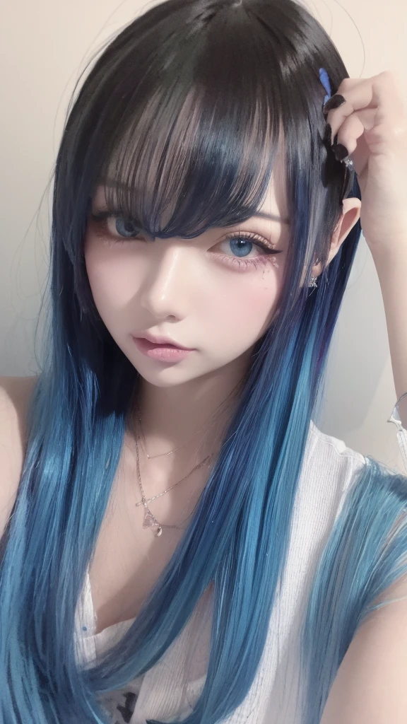 1 jeune fille de 16 ans , Twintails, ornement de cheveux, hair over one eye, yeux bleus clair, super mignonne , cheveux bleus clair, cheveux roses, Cheveux multicolores  clair, sourire, arc, seulement, dedans, Makeup, Jupe courte, cheveux longs, frange , rigole ,La plus belle forme de chaos, elegant, a brutalist designed, couleurs vives, romantisme, atmospheric, (Photo brute, Best quality), (Realstic, photo-realistic:1.3), Masterpiece, an extremely delicate and beautiful, Extremely detailed, assis. cheveux bleu clair, Yeux bleu clair cristal intense, No earrings, belle knox face, sexy, natural light, sueur:0.8, Low light photography, in a school, Bikini blanches, sein moyen, petite girl,  NSFW (en anglais seulement) (en anglais seulement) (en anglais seulement) (en anglais seulement) (en anglais seulement) (en anglais seulement) (en anglais seulement) (en anglais seulement) (en anglais seulement) (en anglais seulement) (en anglais seulement):1.0)Beautiful model of lingerie，Clivage en gros plan，Fond gris simple，Focused breast，Creux sur，cleanliness，Taste，Affiche pour，tit，seins Nedium，lateral breasts.