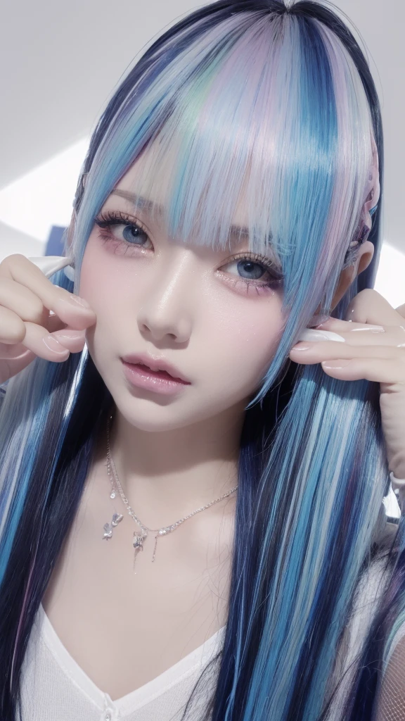 One girl, solo, High resolution, masterpiece, accurate, Anatomically correct, Winner of numerous awards, 最高quality, Damaged, detail, High-resolution model, 高いdetail, 高quality, quality, Retina, Very detailed, Textured skin, Ultra high definition, Long Hair, Black Hair, Blue Hair/Light blue hair, Colorful Hair, Gradient color hairstyle, Large Breasts:1.8, Open your mouth a little, tongue, saliva, Heavy makeup, Character portrait, Aerial perspective, Background blur, Chiaroscuro, movieの光効果, movie, movie撮影, Sexy Swimsuit