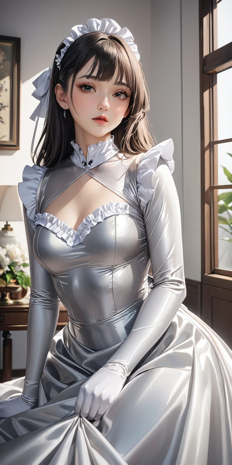 Portraiture、(masterpiece,Highest quality,Ultra-high resolution),Japanese women, (((Very beautiful 25 year old girl)))、She is wearing a shiny light silver satin long sleeve maid outfit..、The dress has a simple design without any patterns...、The skirt is a long skirt with frills.、Satin Gloves、((Satin bodysuit))、Bright room