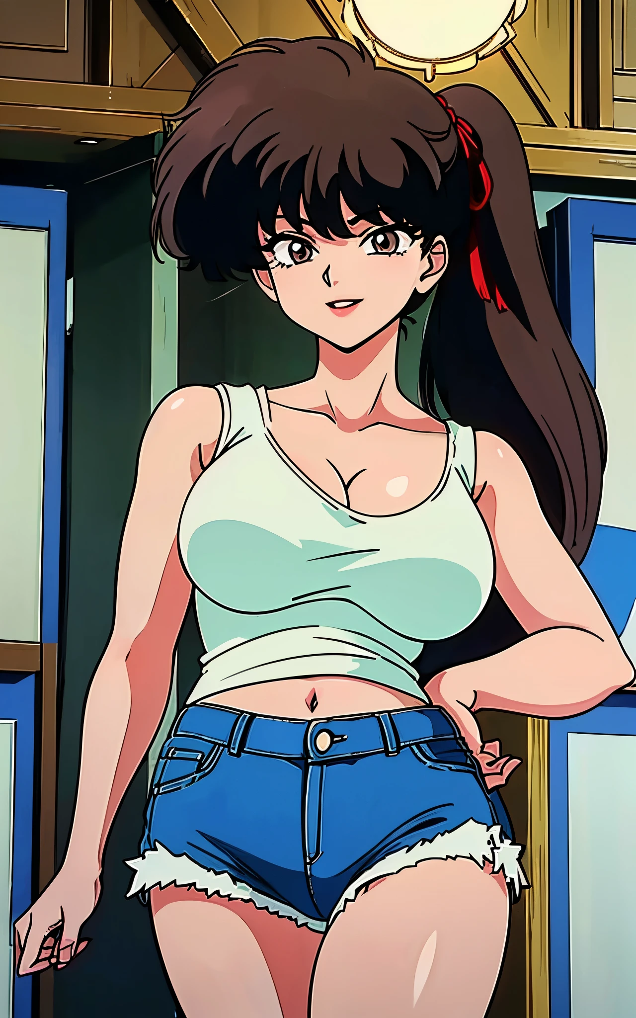 ((masterpiece, Highest quality, case)))), High resolution、8k、1990s、1 girl,alone, kodachi kuno (, Black hair side ponytail 、Long upper eyelashes、Thin lips、Round jaw、White tank top、Denim hot pants、,Socks skin color(light brown)))), Huge breasts, Cleavage、Girl,Bright smile、I can see your belly、Detailed skin, Autora Rumiko Takahashi、Angle from below、Put your right hand on your chest