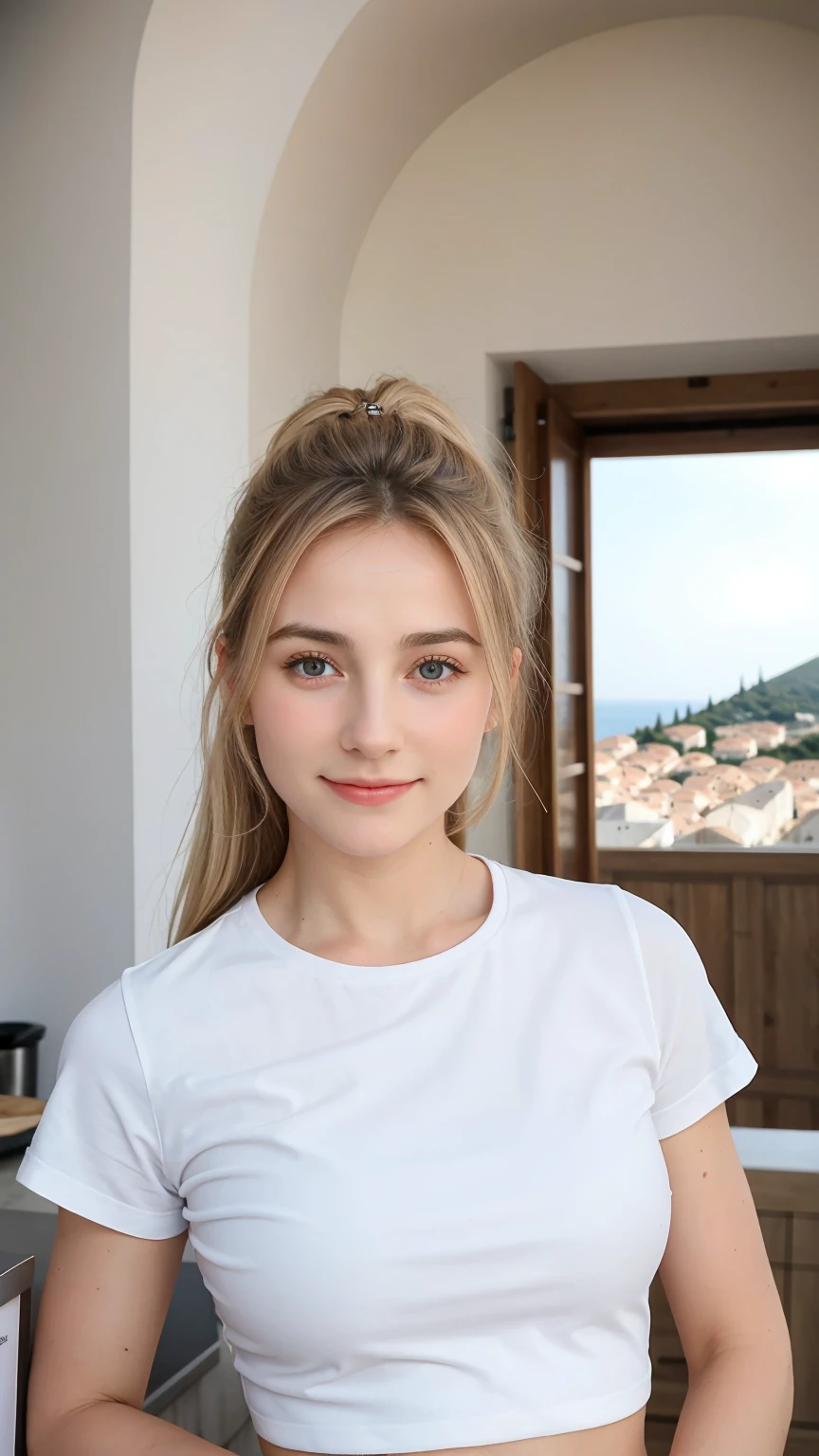 1 fille, Beau, visage de bébé, 20 ans, peau blanche, , T-shirt surdimensionné sans manches & jupe , ((muscle:1.3)), ((Dubrovnik)) Contexte croate, Action de fille, cheveux blonde, Adorable:1.1, ((chef-d'œuvre:1.1)), Visage mignon endormi