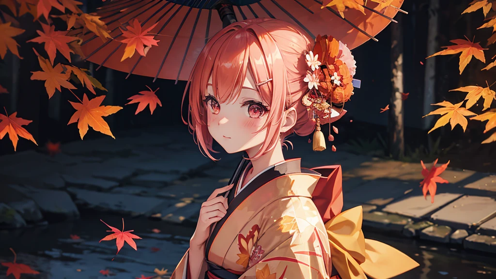 One Girl,wear(kimono),Japanese Umbrella(Orange)have,Hair is pink,Tying(Flower hair clip),blush,background(Giant Autumn Leaves)And it&#39;s falling from above,smile