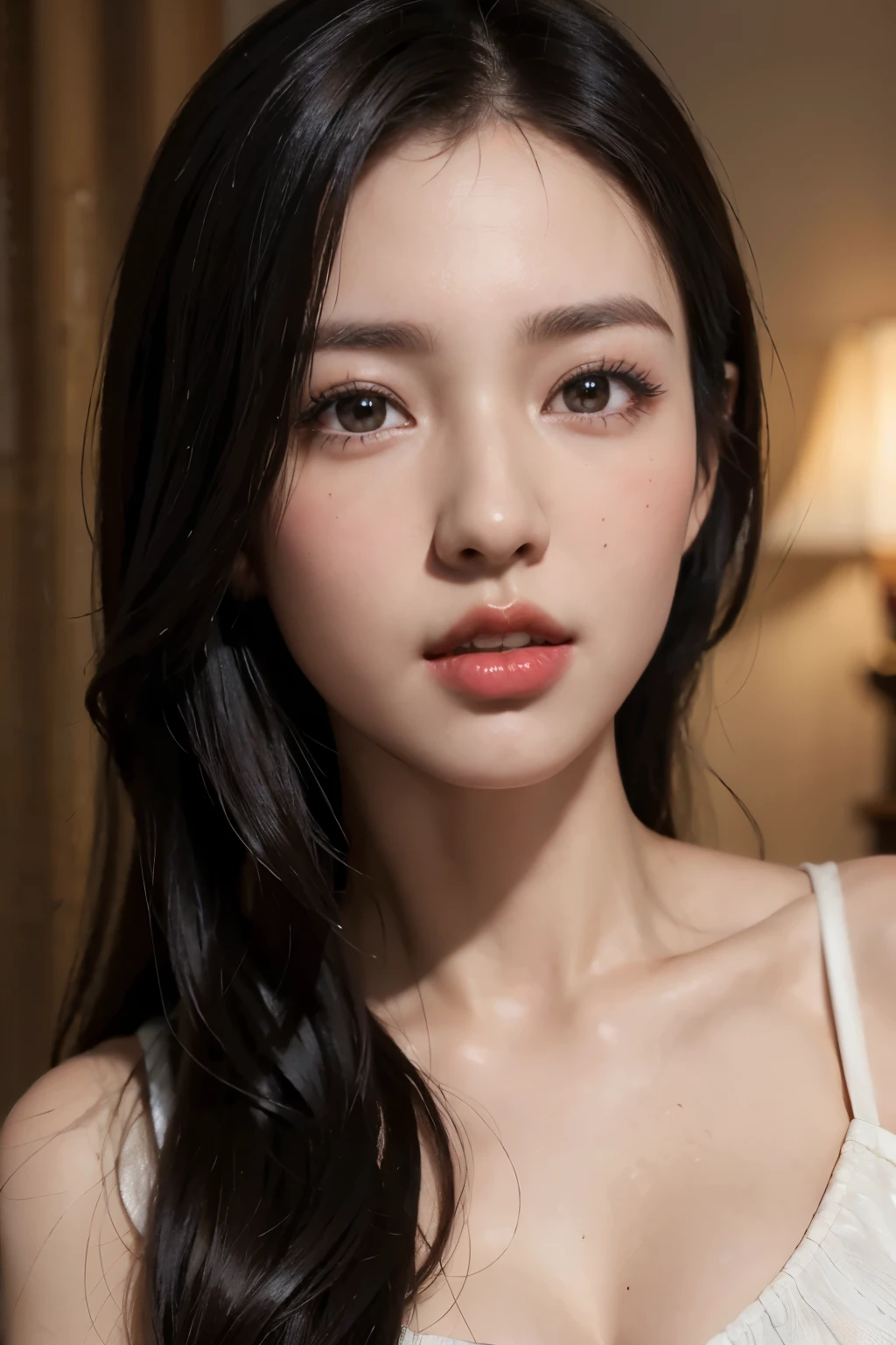 best quality, masterpiece, ultra high resolution, (photorealistic:1.4), RAW photos,1 woman, alone, realistic, Lips, black hair, looking at viewer, black eye, this, long hair, hair above one eye, parted Lips, nose, enlargement, brown hair, background, brown eyes, black dress, off shoulder