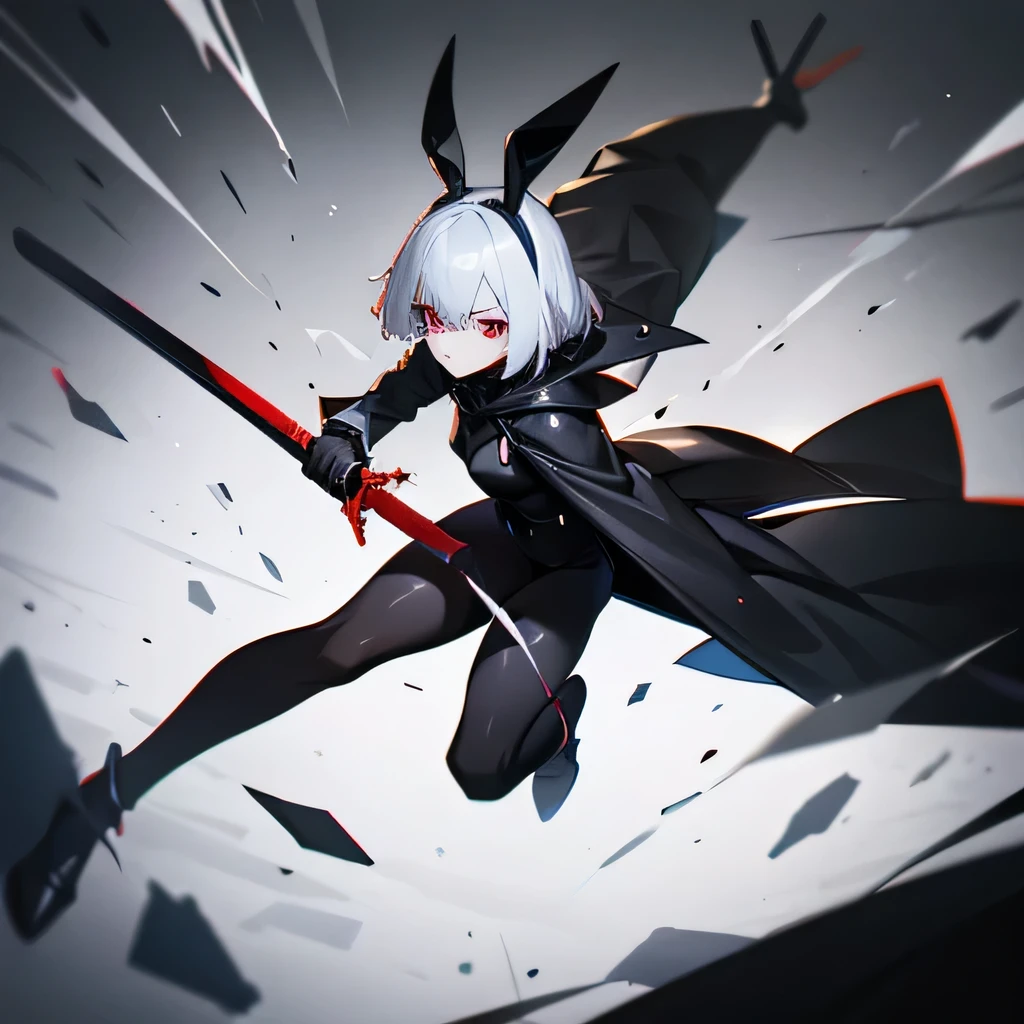girl in a black bunny suit, black pantyhose, short white hair, red eyes, wielding a sword, fighting slimes