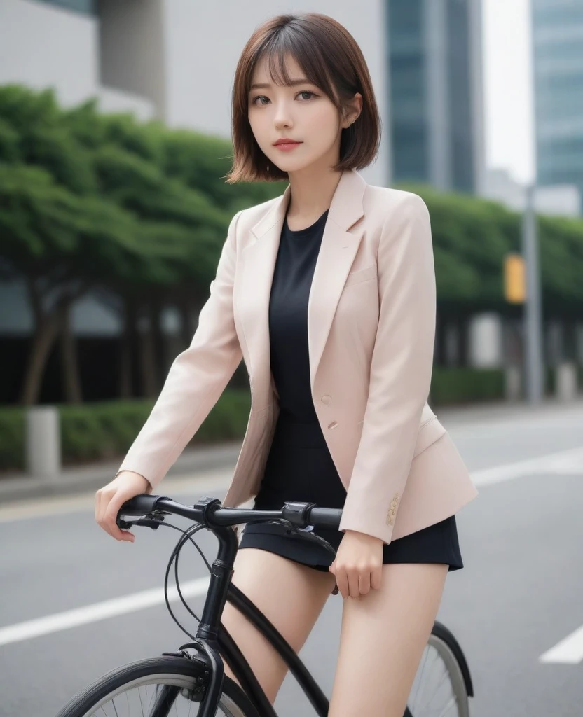 8k, photo realistic, Scores 9, 8, 7, 6, medium closeup, detailed, very sharp, vivid, solo, biking through Tokyo street, jacket, high heel, long legs, beautiful eyes, office suits, basket, (((riding bicycle))), bicycle, short hair, front view, low angle, going fast, depth of field, beautiful breasts, slender, the most beautiful woman, double eyelid, cute japanese woman, 25 yo, strong wind, slim beautiful legs, sexy pantie stocking, foot on pedal