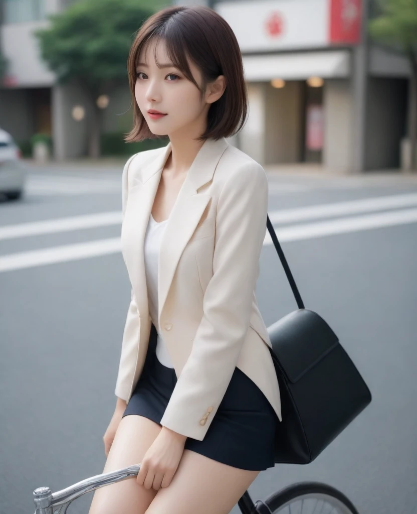 8k, photo realistic, Scores 9, 8, 7, 6, medium closeup, detailed, very sharp, vivid, solo, biking through Tokyo street, jacket, high heel, long legs, beautiful eyes, office suits, basket, (((riding bicycle))), bicycle, short hair, front view, low angle, going fast,  depth of field, beautiful breasts, slender,  the most beautiful woman, double eyelid, cute japanese woman, 25 yo, strong wind, slim beautiful legs, sexy pantie stocking, foot on pedal