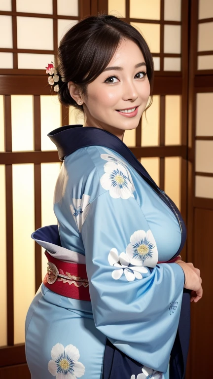 Mature attractive sexy woman,50 years old, ((kimono)),((Aquamarine))、(((kimono))),Shut、((Big Bra))((Big Breasts:1.1)),(Facial wrinkles:1.3),light makeup,Light brown hair,Long Hair,(Full body photo:0.85),(Emphasize big buttocks),8k, RAW Photos, Highest quality, Laughter,masterpiece,Highest quality、A kind smile、A captivating gaze、Random Hairstyles、Japanese-style room、Shoji Screen、lanthanum、