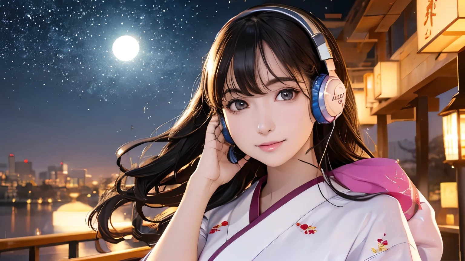 (Logo, masterpiece, 8K, table top, RAW photo, amazing, top quality, photorealistic and highly detailed CG composite 8K wallpaper, high quality, highly detailed, narrative poetry, particle effects, dynamic effects, depth of borders, cinematic light, lens flare, ray tracing), (1 beautiful woman in yukata, white yukata, light purple pattern), (headphones, wearing headphones), with black hair, high-resolution skin, very fine, fine-textured skin, beautiful face, real face, beautiful detail in eyes, real eyes, beautifully detailed eyes, real skin, beautiful skin, surreal, smiling eyes, Hair and Lights eyes, crisp, colorful lights and bokeh, plump lower lip, pink lips, Hair flutters in wind, hair bounces, great view, night, evening, wind, moon lights, moon lights, lights