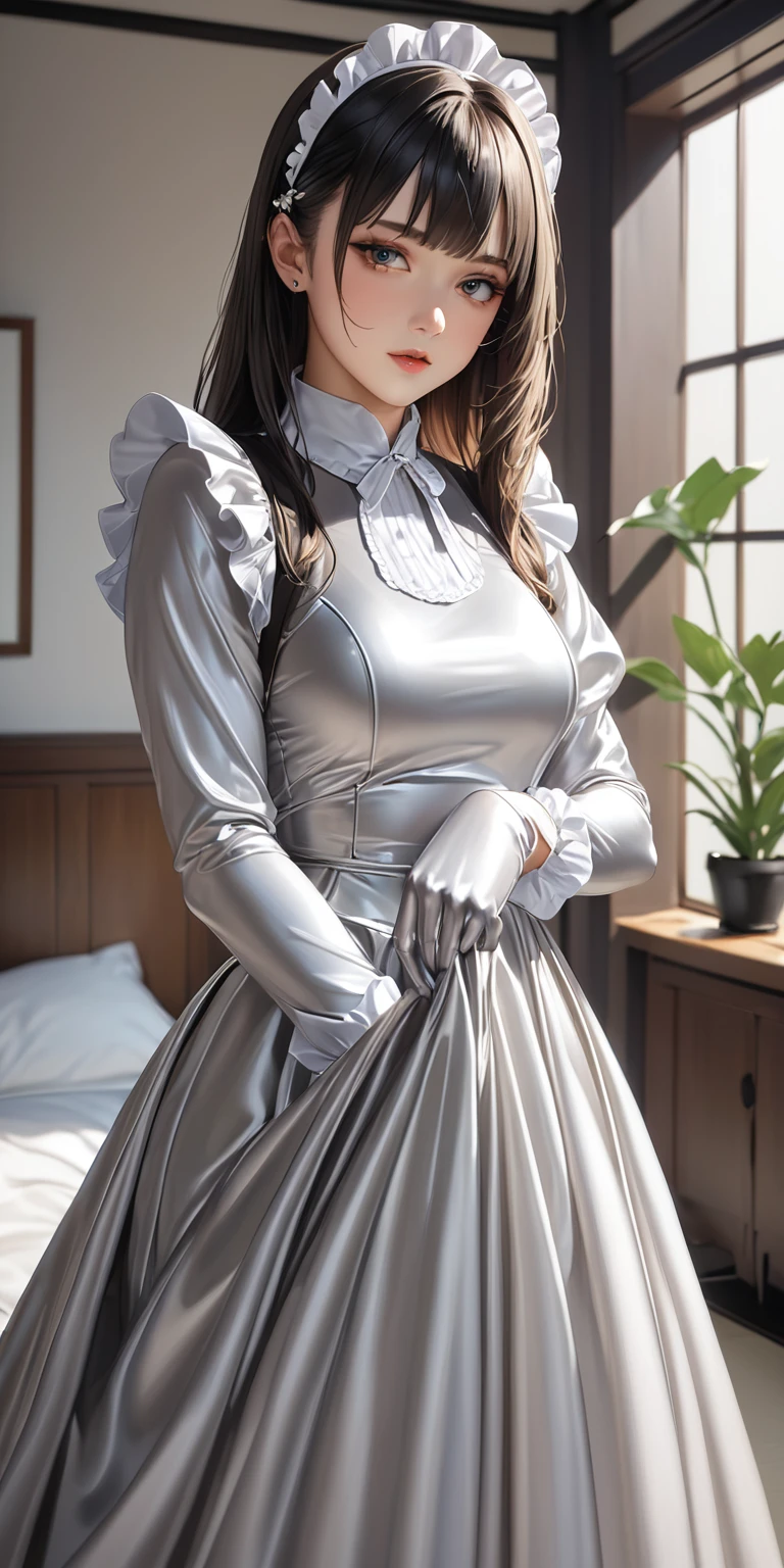 Portraiture、(masterpiece,Highest quality,Ultra-high resolution),Japanese women, (((Very beautiful 25 year old girl)))、She is wearing a shiny light silver satin long sleeve maid outfit..、The dress has a simple design without any patterns...、The skirt is a long skirt with frills.、Satin Gloves、((Satin bodysuit))、Bright room