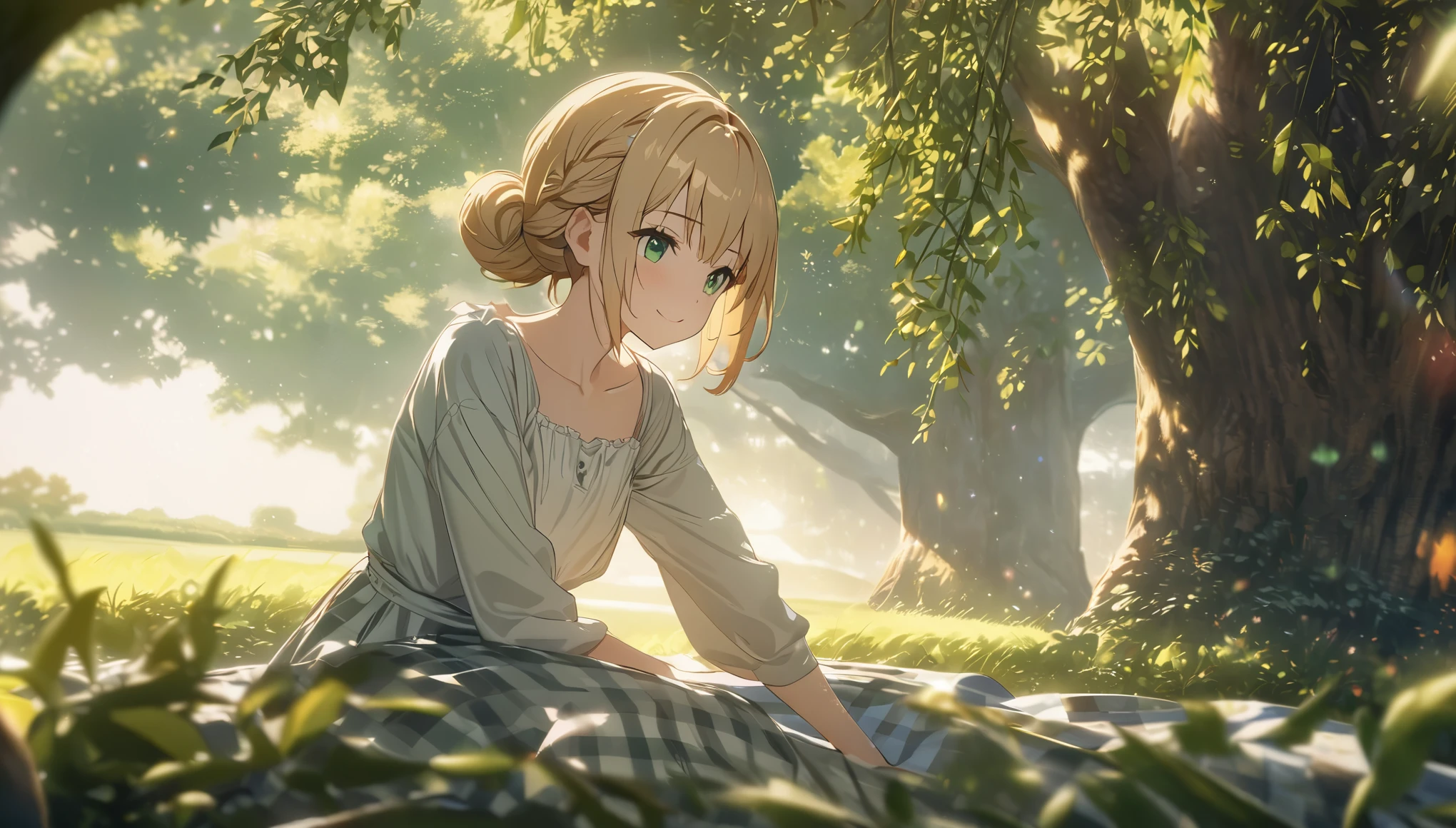 one girl, blonde short hair and bob hair、a braid, I tied my hair in a bun with a hair clip..、beautiful green eyes、smile、gentle smile on her face、flat chest, one Beautiful girl,((masterpiece, illustration, best quality) ((ultra-detailed)) ,upper body, sitting on a checkered picnic blanket under a large willow tree. English countryside, lush greenery, soft light, romantic, cinematic composition, 濃い青とBeautiful Blueのグラデーション, High resolution, 8K HD detail, hyper-detail, cinematic, surrealism, soft light, deep field focus bokeh, ray tracing and surrealism. --v6