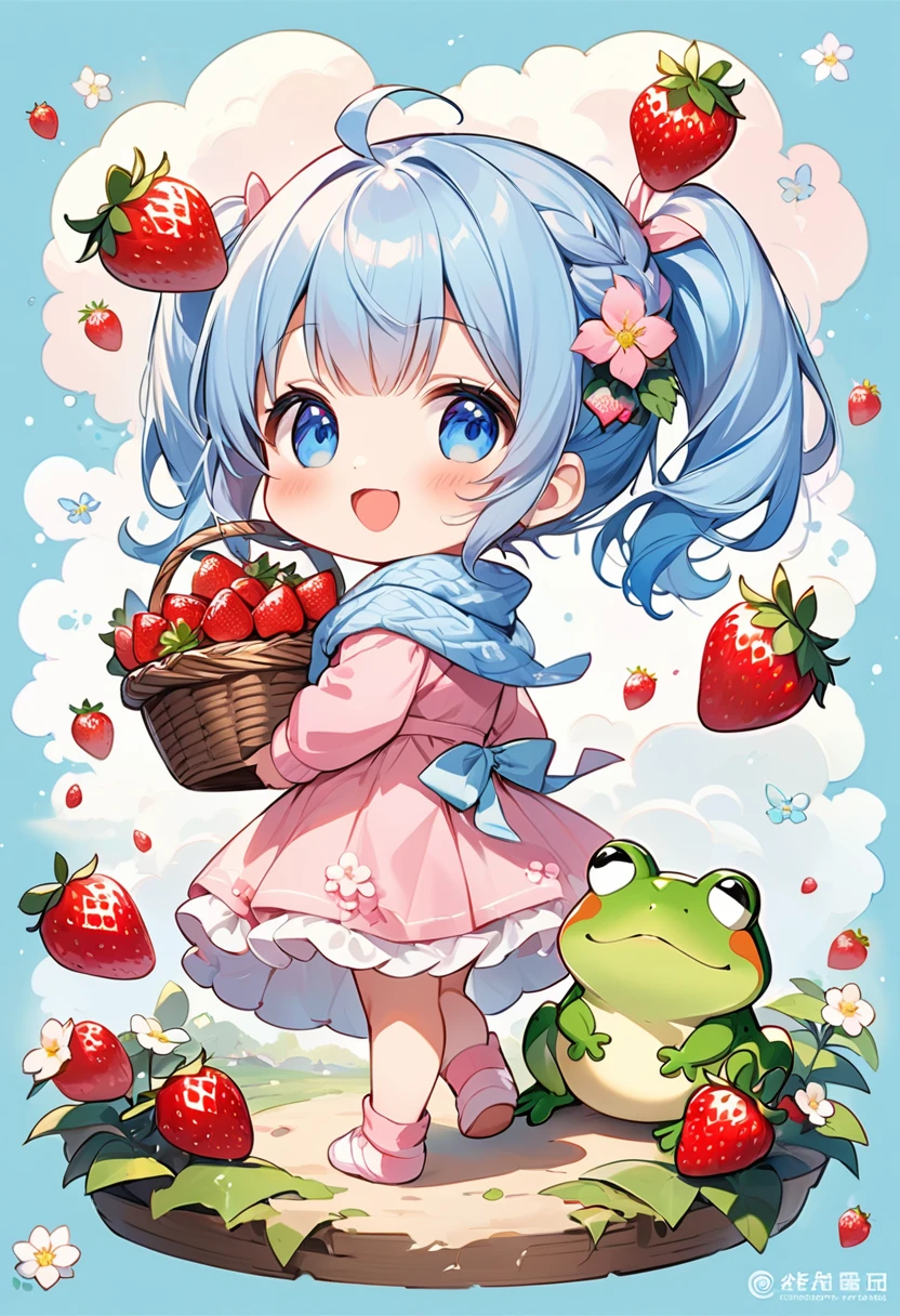 Highest quality、High resolution、Detailed Background、Beautiful face in every detail、Anatomically correct、Detailed facial expressions、fine grain、((full body, from behind:1.5, back shot, looking side)), break　((One Girl:1.2)、(Chibi Girl:1.2))、Cute hair color、Big beautiful blue eyes、Fuller lips、Pink Lips、Braided twin tails、Ahoge、(Picking strawberries:1.2)、(Cute Winter Clothes、Cute long scarf、Long skirt、Cute sneakers)、break　((Place your hands in front of your chest:1.2))、((Holding a basket full of strawberries:1.2))、(Happy expression:1.2、Big smile:1.2)、Sweat、break　(The background is the winter sky、Winter clouds、Flower storm、((Jumping Frog)))