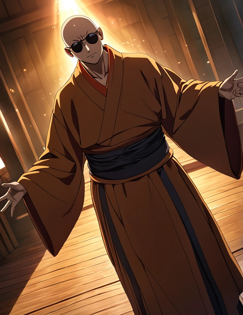 1 person, Japanese monk, Small, Round sunglasses,Hero of Justice, Thin stubble, Exorcising evil spirits, One Punch Man,Visual novel, Latest Eroge Style, Dutch Angle, Shadows in the movie, Cinema Lighting, Lens flare, Spectacular Scene, Extremely detailed, masterpiece, Highest quality