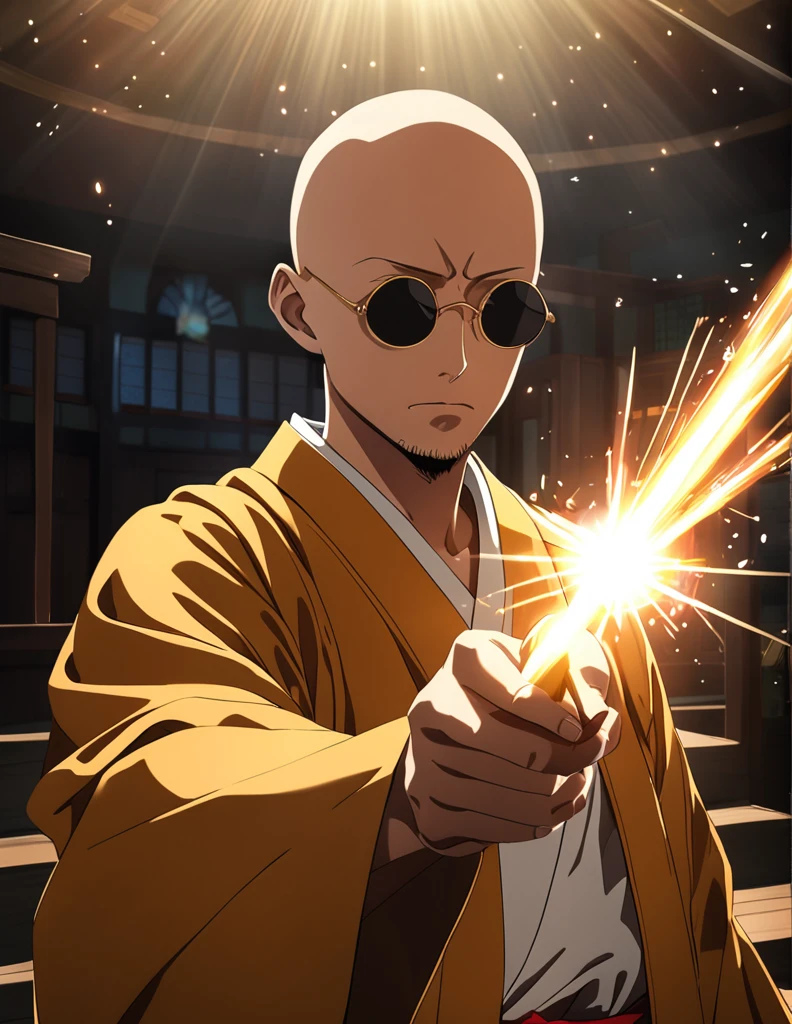 1 person, Japanese monk, Small, Round sunglasses,Hero of Justice, Thin stubble, Exorcising evil spirits, One Punch Man,Visual novel, Latest Eroge Style, Dutch Angle, Shadows in the movie, Cinema Lighting, Lens flare, Spectacular Scene, Extremely detailed, masterpiece, Highest quality